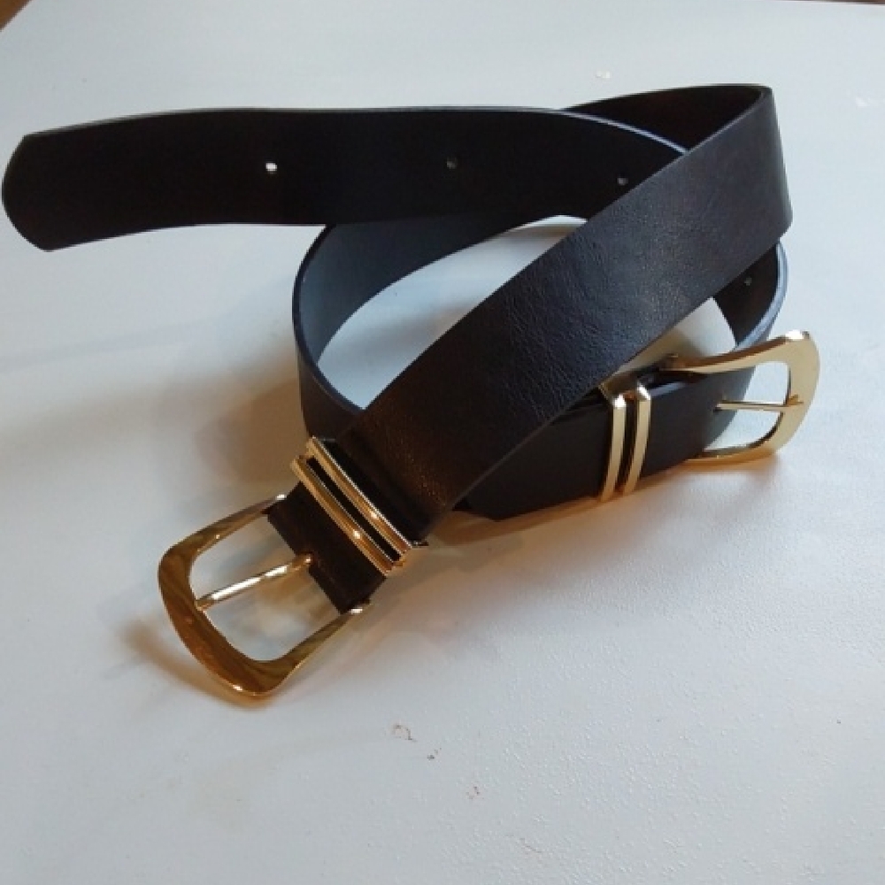 Womens Edgy Black Leather Belt with Double Gold Buckles Adjustable Mod Sz.M/L